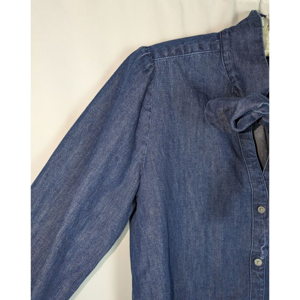 J. Crew Blouse XS Women's Blue Denim Chambray Bow Tie Neck Long Puff Sleeve - Picture 5 of 8